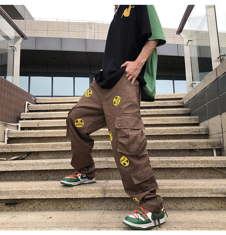 mens high street smilely loose cargo pants casual zipper straight jeans hip hop side pockets loose fit streetwear casual joggers unique joggers style 2470