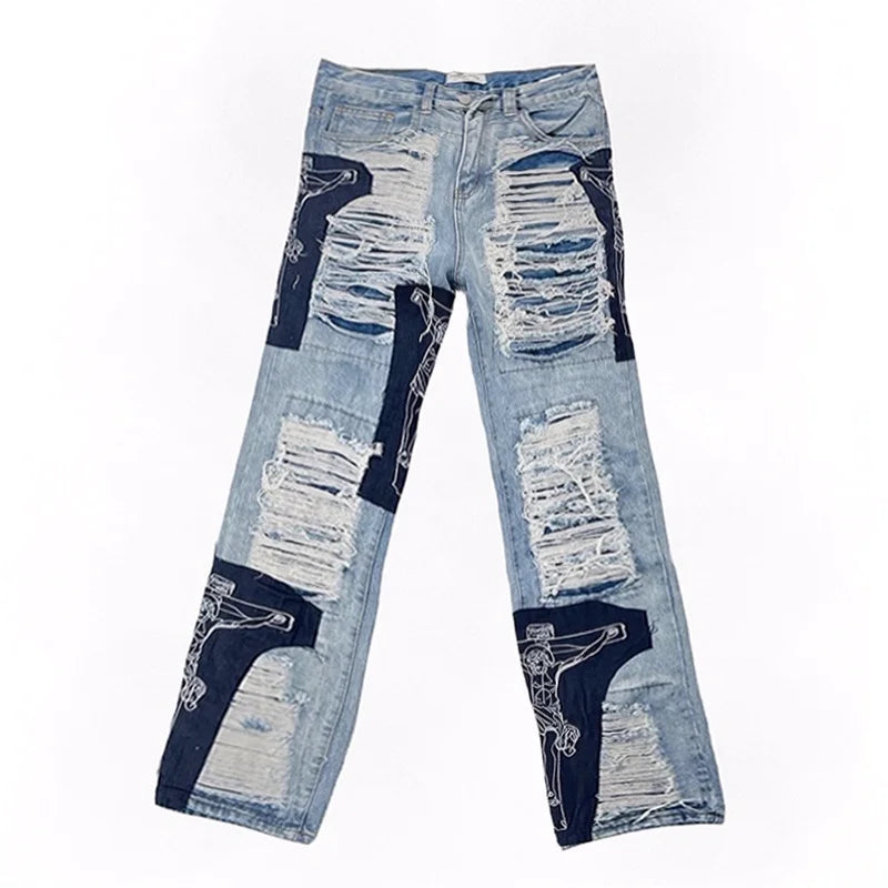 men high street denim jean pants casual loose destroyed ripped holes straight jeans fashion patchwork hip hop streetwear joggers unique joggers style 3495