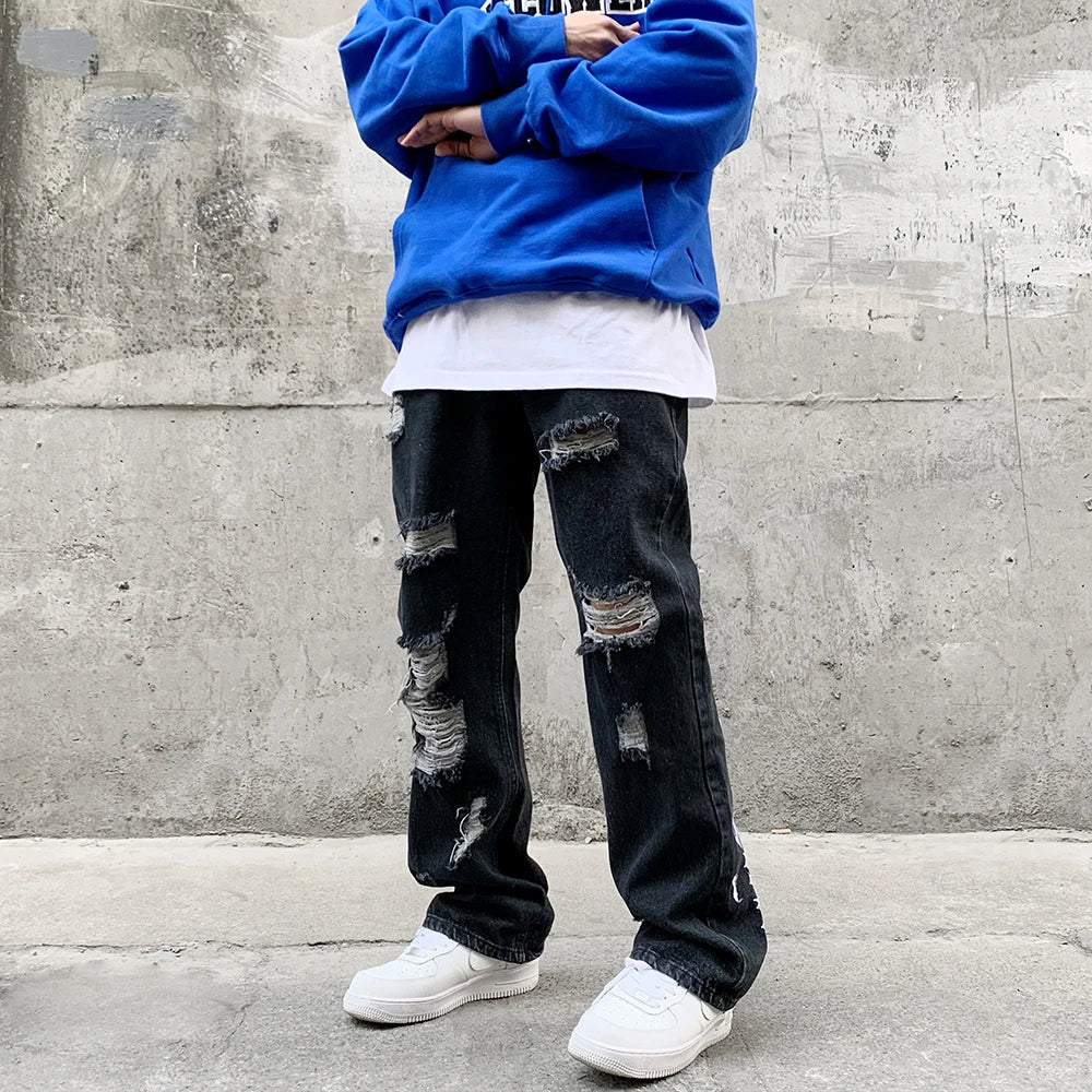 fashion back letters embroidery denim flare jeans mens zipper straight trouser hip hop destroy holes streetwear pants joggers unique joggers style 4605