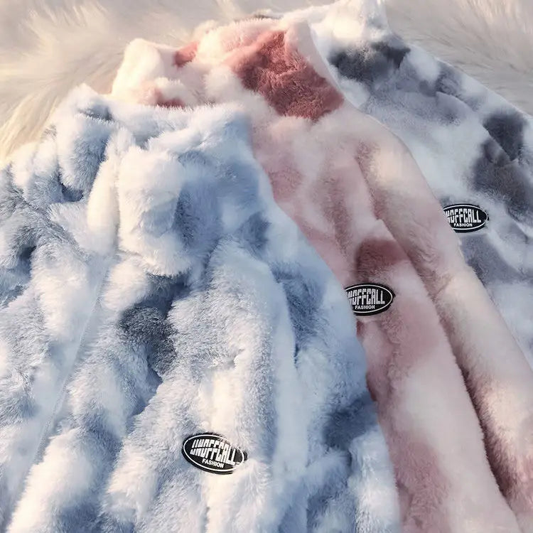 Tie-dyed lamb wool oversized sweater women's fried street high-end sense of warmth couples cotton coat loose lamb plush jacket Street King Limited