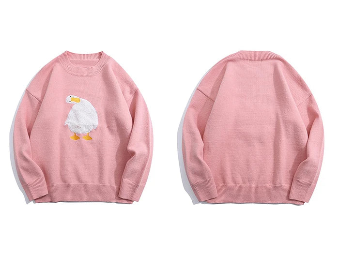 Men Harajuku Sweater Cartoon Duck Goose Embroidery Knitted Pullover Japanese College Style O-Neck Jumper Unisex Spring Autunm Street King Limited