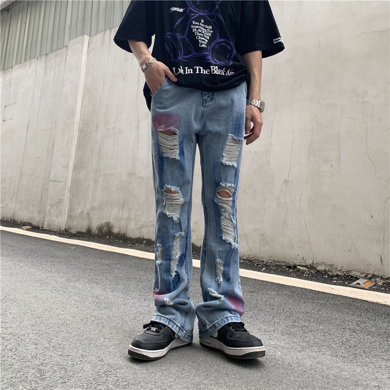 fashion back letters printed denim flare jeans mens zipper straight trouser hip hop destroy holes streetwear jean pants joggers unique joggers style 4654