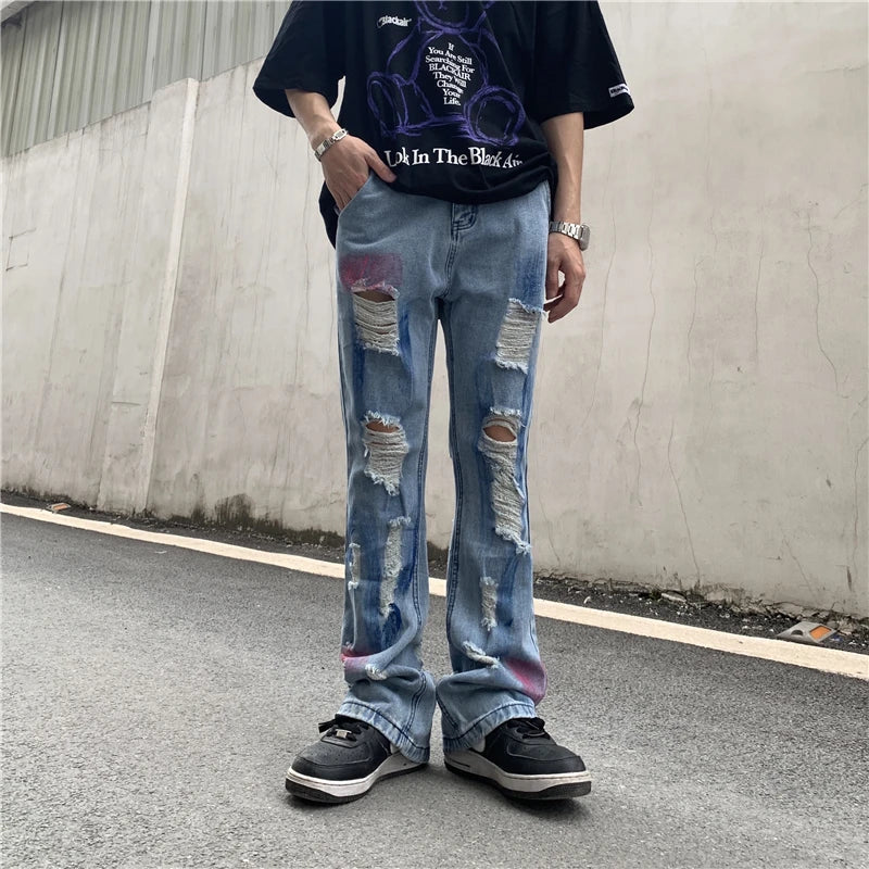 fashion back letters printed denim flare jeans mens zipper straight trouser hip hop destroy holes streetwear jean pants joggers casual joggers
