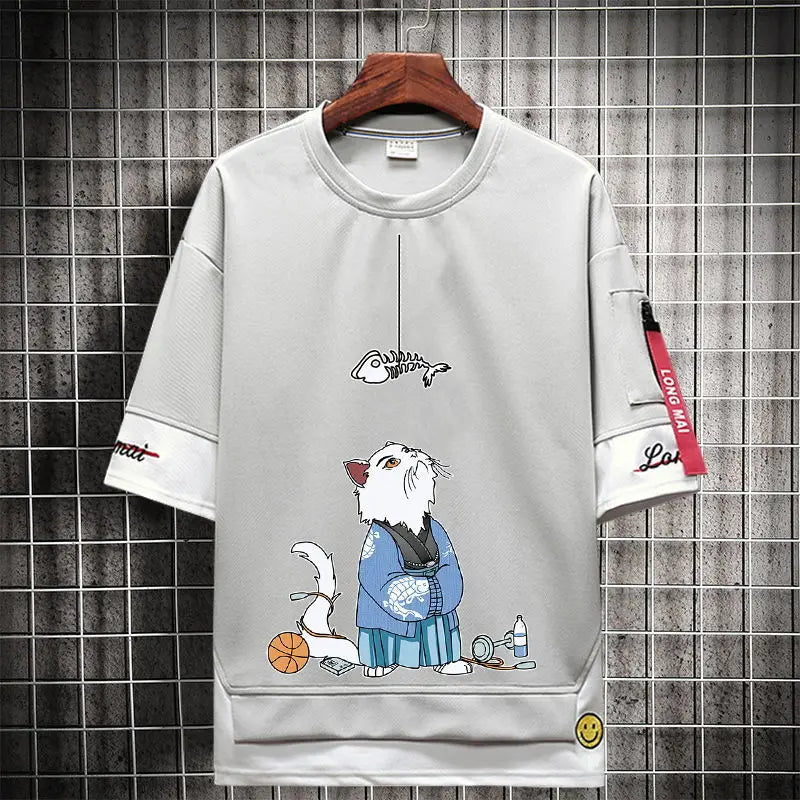 Hip Hop Kahaki T Shirt Short Sleeve Kawaii Harajuku Cat T Shirts Fashion Tee Streetwear Japan High Street Shirt Men 2021 Tops Street King Limited