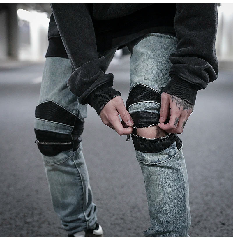 knee zipper hole patckwork skinny denim jeans men casual slim biker trousers jeans fashion streetwear hip hop jean pants joggers unique joggers style 17