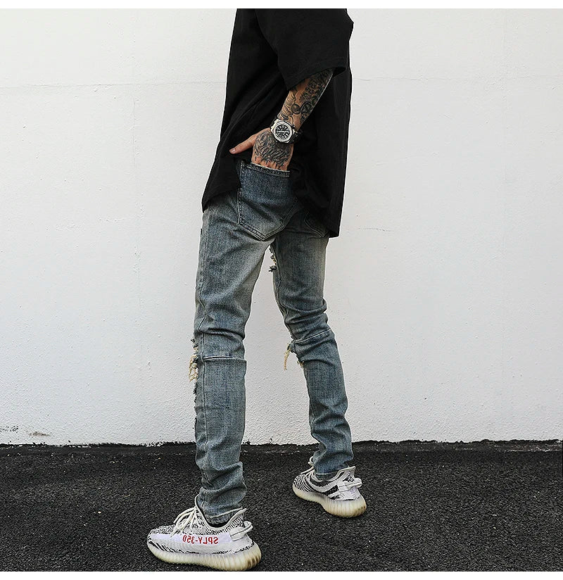 high street butterfly embroidery knee ripped hole jeans mens casual hip hop distressed jeans slim fit skinny denim pants joggers unique joggers style 881