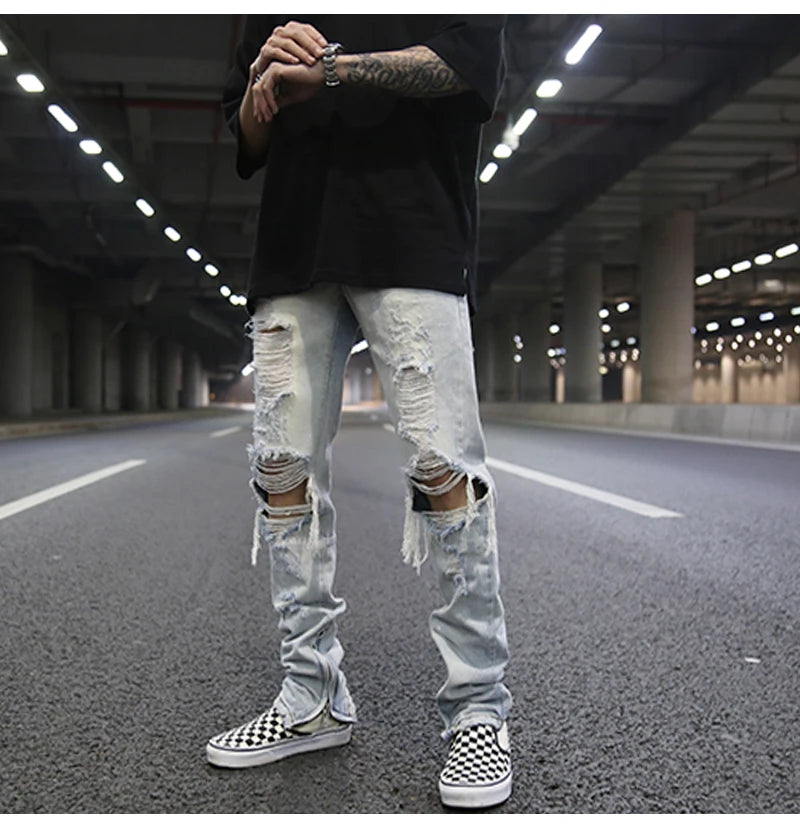 bottom zipper knee holes denim jeans destroyed ripped slim mens biker jeans new men fashion streetwear hip hop pants joggers unique joggers style 2391