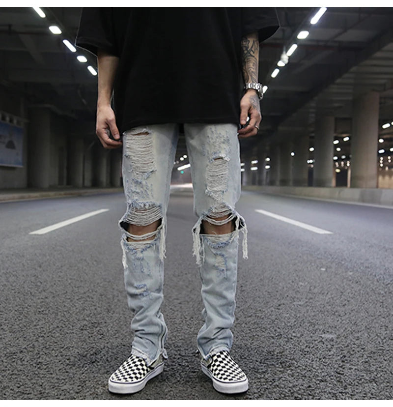 bottom zipper knee holes denim jeans destroyed ripped slim mens biker jeans new men fashion streetwear hip hop pants joggers unique joggers style 2387