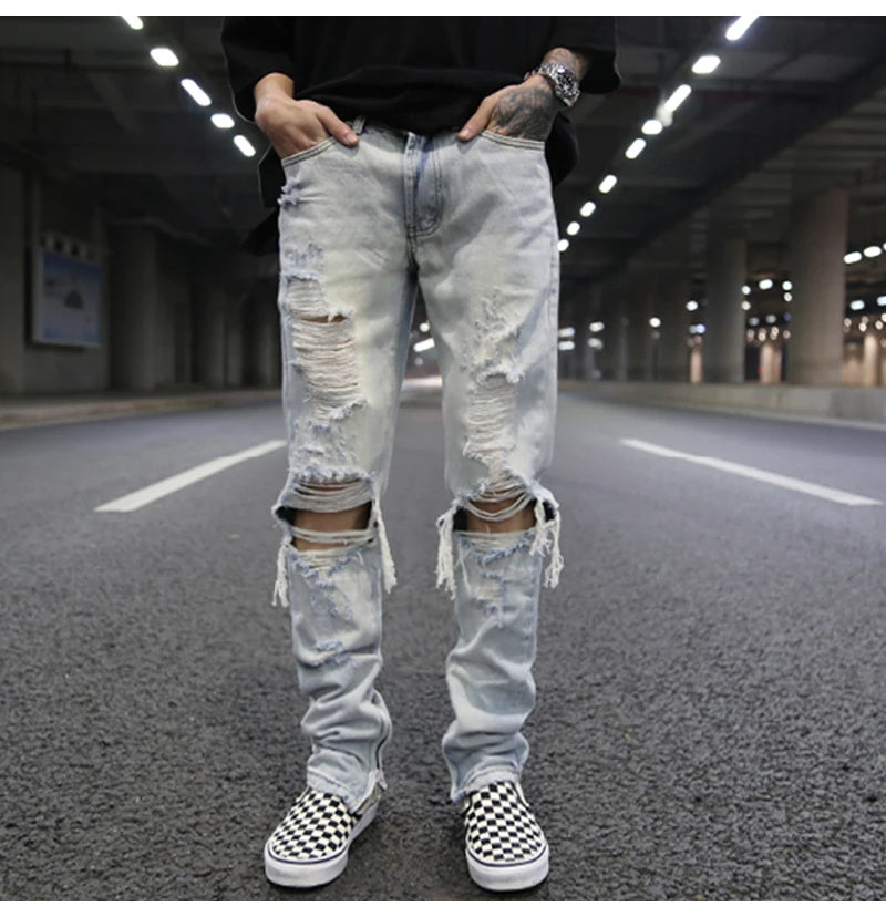 bottom zipper knee holes denim jeans destroyed ripped slim mens biker jeans new men fashion streetwear hip hop pants joggers unique joggers style 2389