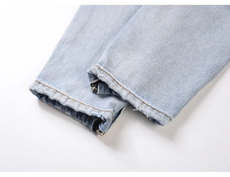 bottom zipper knee holes denim jeans destroyed ripped slim mens biker jeans new men fashion streetwear hip hop pants joggers unique joggers style 2409