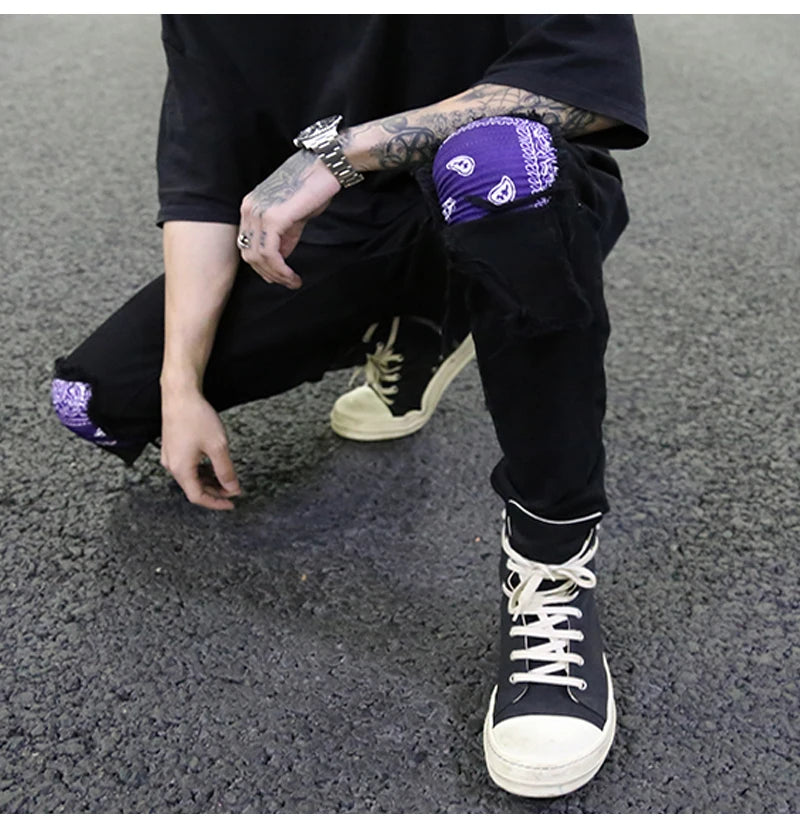 knee patchwork jeans for men hip hop skinny biker taped jean trousers slim fit black denim pants fashion streetwear jogger unique joggers style 5432