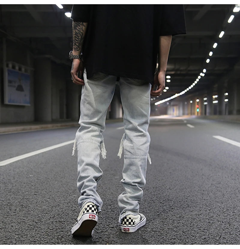 bottom zipper knee holes denim jeans destroyed ripped slim mens biker jeans new men fashion streetwear hip hop pants joggers unique joggers style 2395
