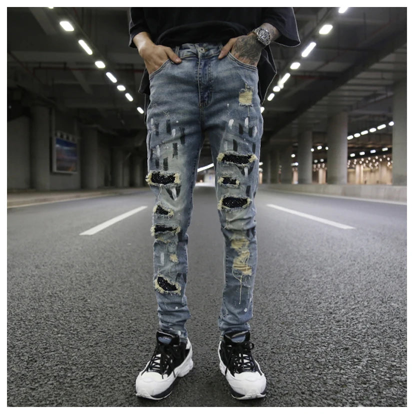 graffiti printed ripped destroied denim jean mens distressed biker jeans with sequins 2018 fashion high street slim pants jogger unique joggers style 2328