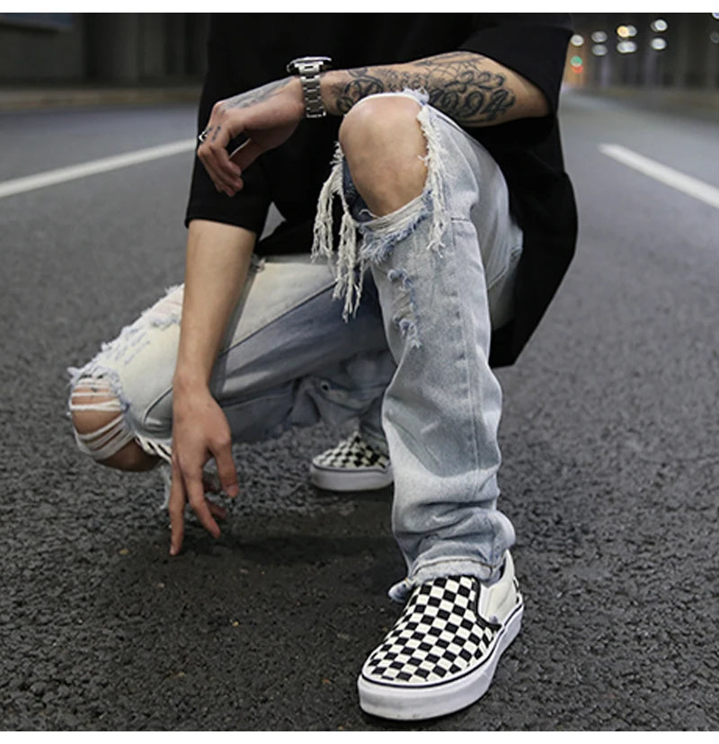 bottom zipper knee holes denim jeans destroyed ripped slim mens biker jeans new men fashion streetwear hip hop pants joggers unique joggers style 2396