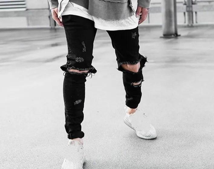 knee ripped hole biker jeans men denim destroyed slim fit zippers jeans fashion trousers black streetwear hip hop pants jogger unique joggers style 4158