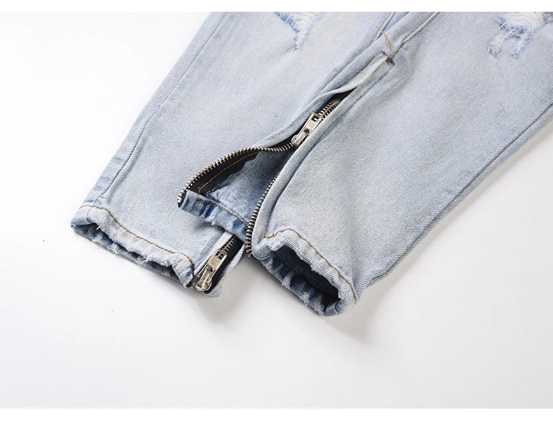 bottom zipper knee holes denim jeans destroyed ripped slim mens biker jeans new men fashion streetwear hip hop pants joggers unique joggers style 2410