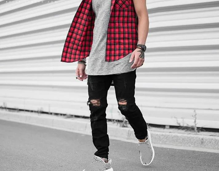 knee ripped hole biker jeans men denim destroyed slim fit zippers jeans fashion trousers black streetwear hip hop pants jogger unique joggers style 4157