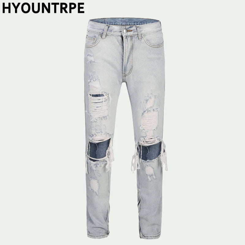 bottom zipper knee holes denim jeans destroyed ripped slim mens biker jeans new men fashion streetwear hip hop pants joggers unique joggers style 2382