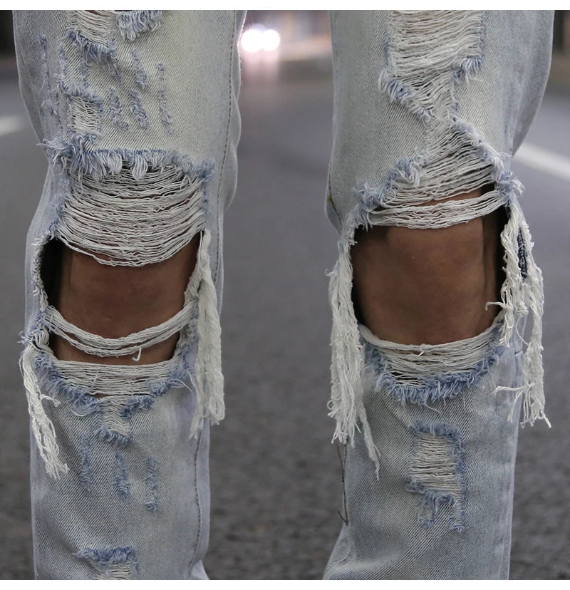 bottom zipper knee holes denim jeans destroyed ripped slim mens biker jeans new men fashion streetwear hip hop pants joggers unique joggers style 2397