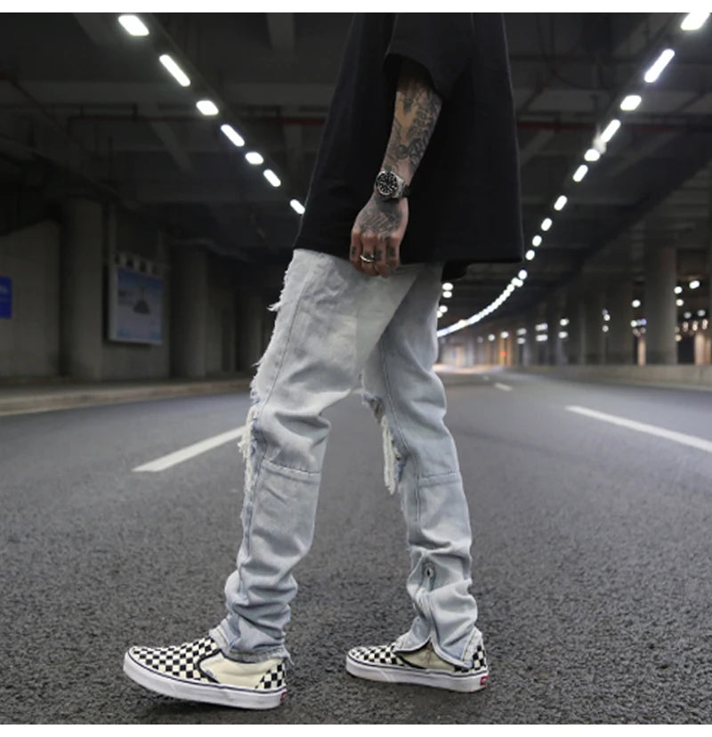 bottom zipper knee holes denim jeans destroyed ripped slim mens biker jeans new men fashion streetwear hip hop pants joggers unique joggers style 2393