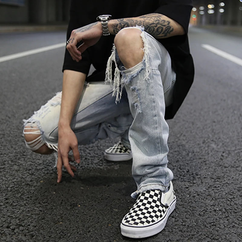 bottom zipper knee holes denim jeans destroyed ripped slim mens biker jeans new men fashion streetwear hip hop pants joggers relaxed fit joggers