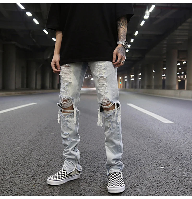 bottom zipper knee holes denim jeans destroyed ripped slim mens biker jeans new men fashion streetwear hip hop pants joggers unique joggers style 2390