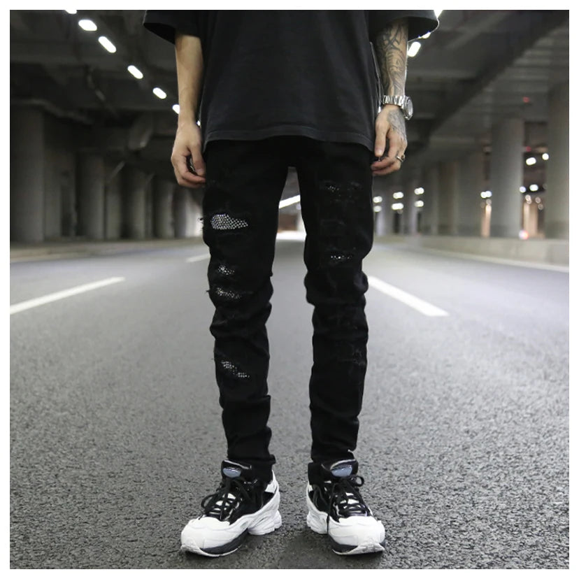 graffiti printed ripped destroied denim jean mens distressed biker jeans with sequins 2018 fashion high street slim pants jogger unique joggers style 2334