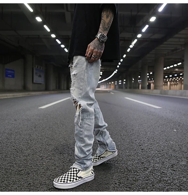 bottom zipper knee holes denim jeans destroyed ripped slim mens biker jeans new men fashion streetwear hip hop pants joggers unique joggers style 2394