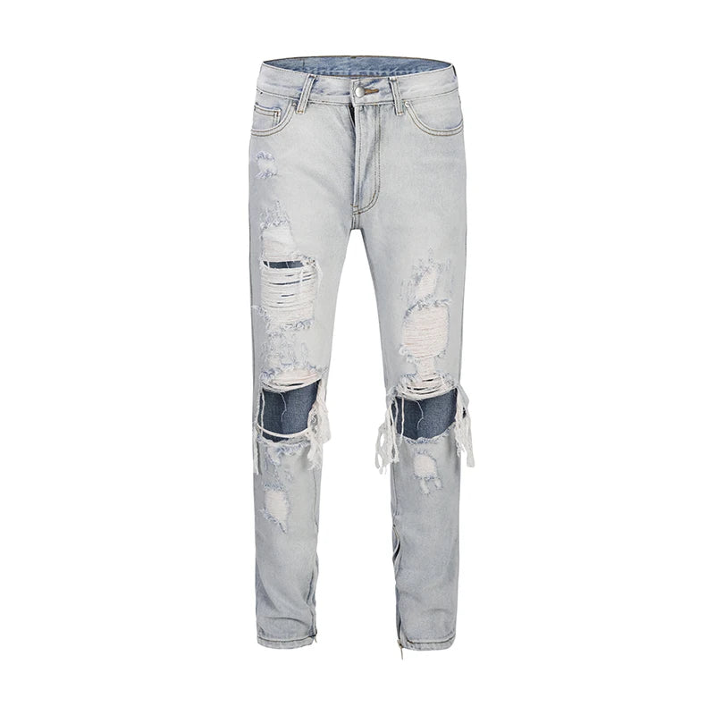 bottom zipper knee holes denim jeans destroyed ripped slim mens biker jeans new men fashion streetwear hip hop pants joggers unique joggers style 2399
