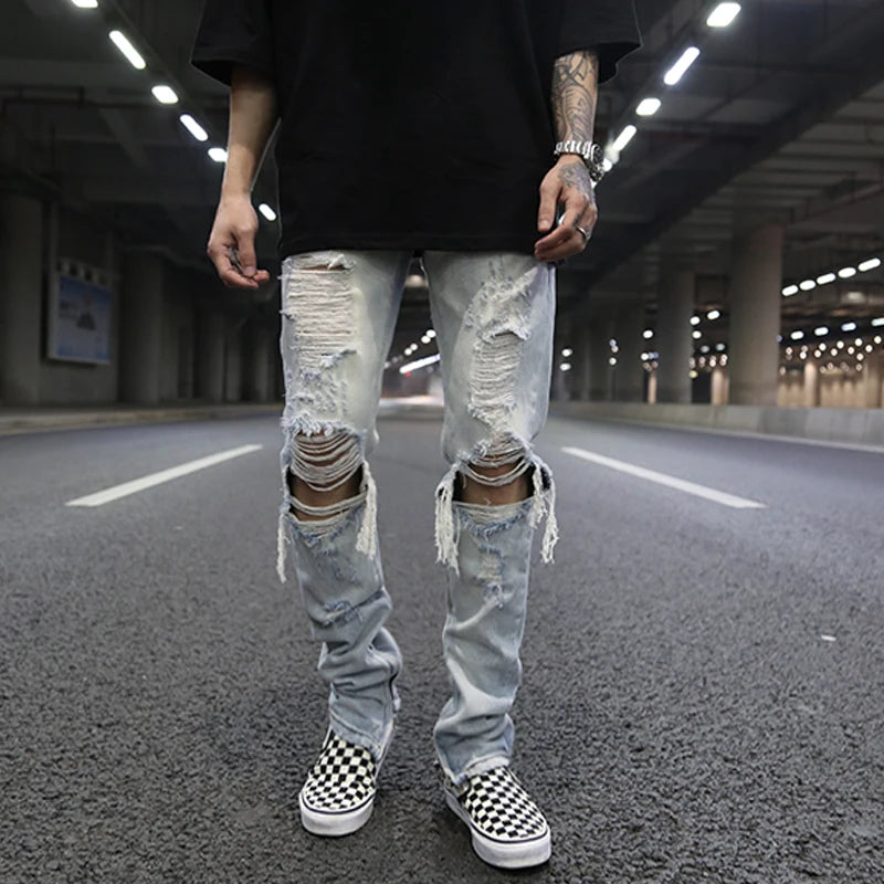 bottom zipper knee holes denim jeans destroyed ripped slim mens biker jeans new men fashion streetwear hip hop pants joggers streetwear sweatpants