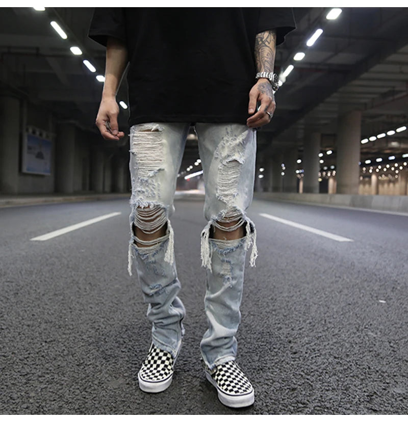 bottom zipper knee holes denim jeans destroyed ripped slim mens biker jeans new men fashion streetwear hip hop pants joggers unique joggers style 2388