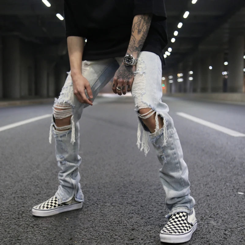 bottom zipper knee holes denim jeans destroyed ripped slim mens biker jeans new men fashion streetwear hip hop pants joggers sporty tapered joggers