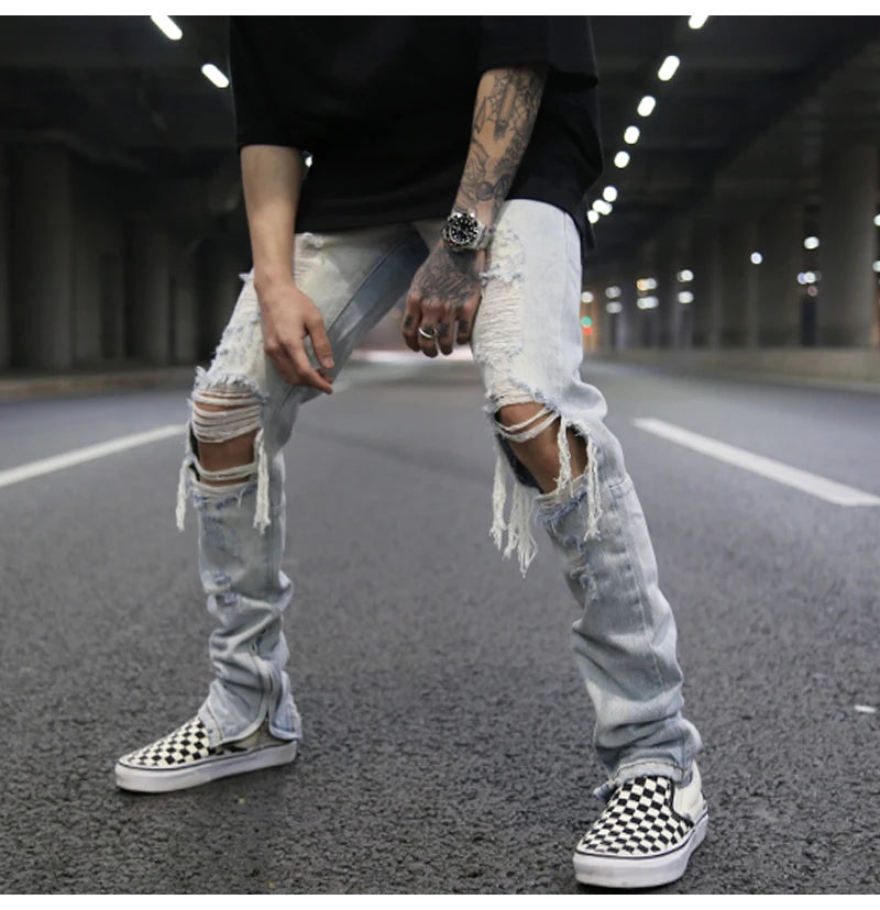 bottom zipper knee holes denim jeans destroyed ripped slim mens biker jeans new men fashion streetwear hip hop pants joggers unique joggers style 2392