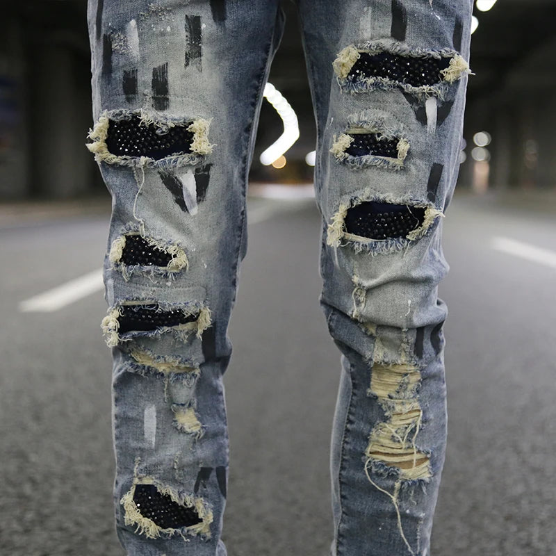 graffiti printed ripped destroied denim jean mens distressed biker jeans with sequins 2018 fashion high street slim pants jogger streetwear sweatpants