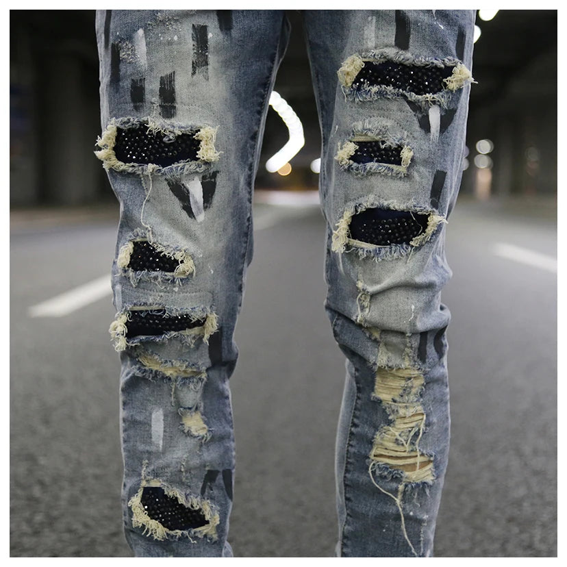 graffiti printed ripped destroied denim jean mens distressed biker jeans with sequins 2018 fashion high street slim pants jogger unique joggers style 2330