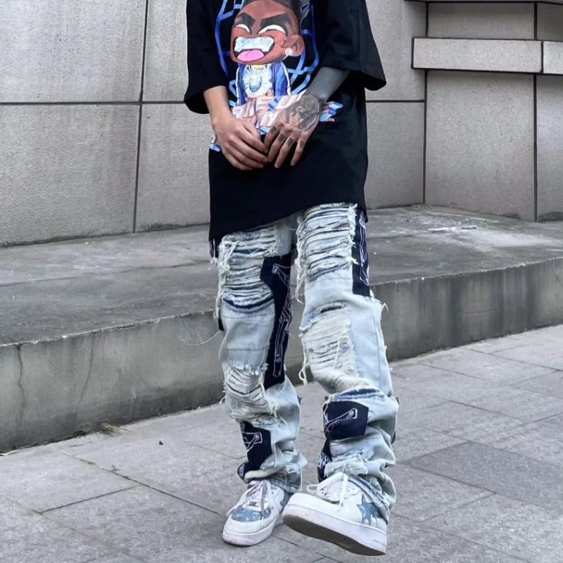 men high street denim jean pants casual loose destroyed ripped holes straight jeans fashion patchwork hip hop streetwear joggers unique joggers style 3502