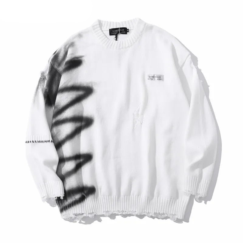 Mens Hip Hop Destroy Ripped Holes Streetwear Graffiti Harajuku Sweater Vintage Retro Knitted Sweater New Casual Cotton Pullover Street King Limited