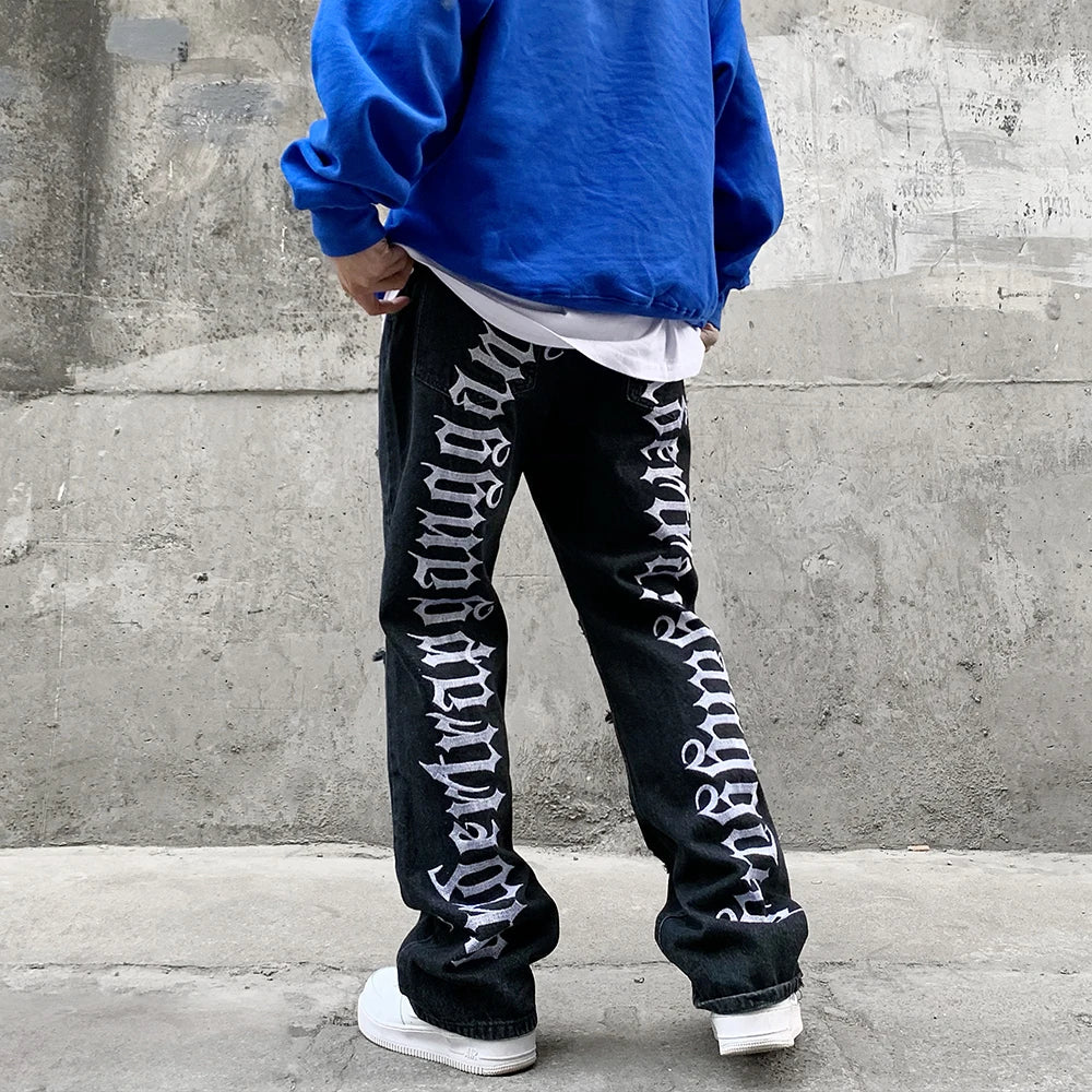 fashion back letters embroidery denim flare jeans mens zipper straight trouser hip hop destroy holes streetwear pants joggers unique joggers style 4609