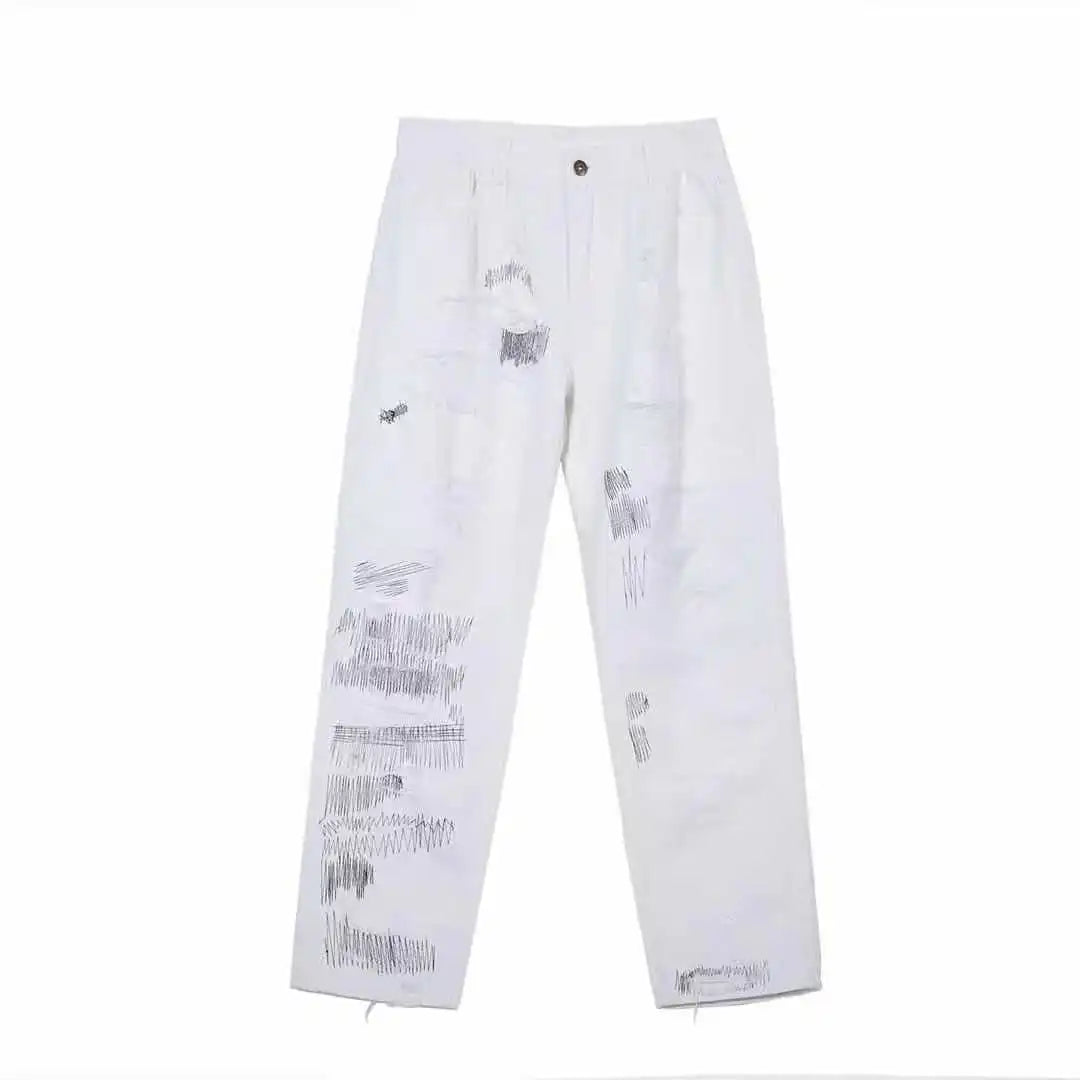 mens high street denim jean pants new casual loose ripped holes straight zipper white jeans trousers hip hop streetwear joggers sporty tapered joggers
