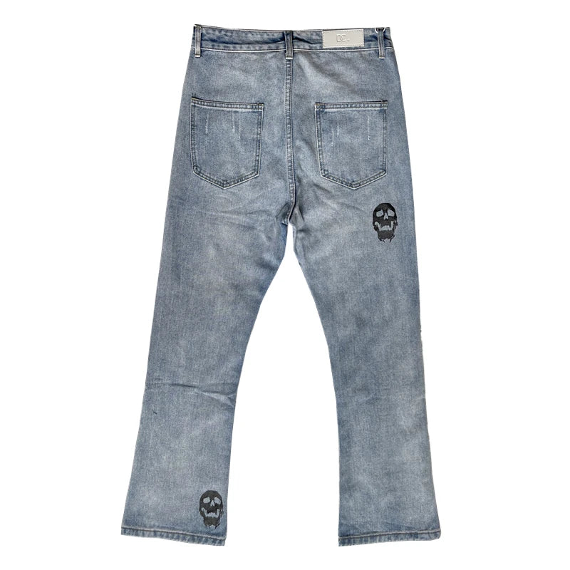fashion skull printed denim jeans mens destoryed holes zipper flare jeans hip hop streetwear summer casual joggers jeans pants unique joggers style 2771