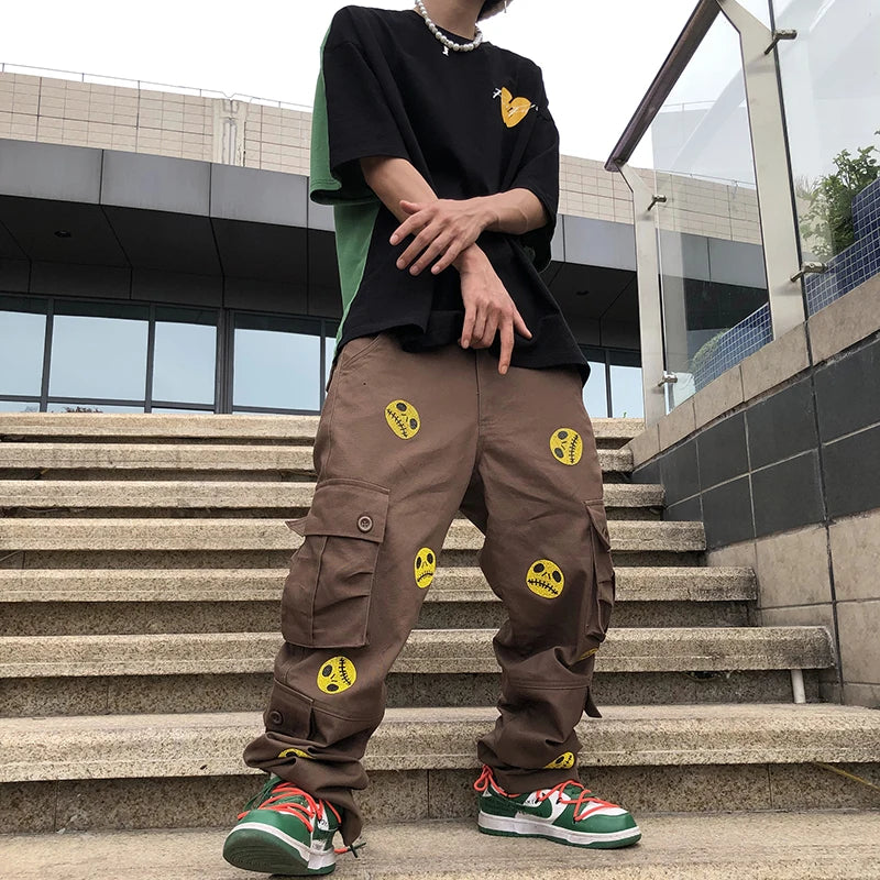 mens high street smilely loose cargo pants casual zipper straight jeans hip hop side pockets loose fit streetwear casual joggers relaxed fit joggers