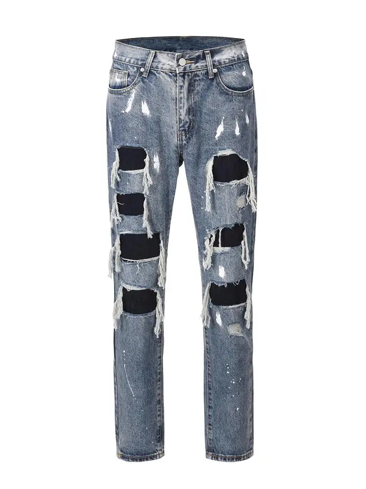 men ripped holes denim jean pants hip hip new fashion straight patchwork pants new casual jeans streetwear mens trousers joggers unique joggers style 386