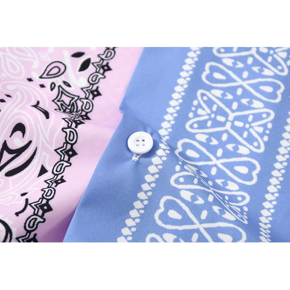 "Blue Pink Bandana" Unisex Men Women Streetwear Button Shirt Daulet Apparel