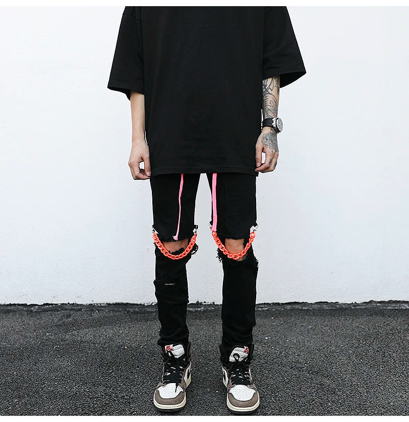 high street knee hole with chain ripped biker jeans mens slim fit denim pants autumn new streetwear casual hip hop pants joggers unique joggers style 3247