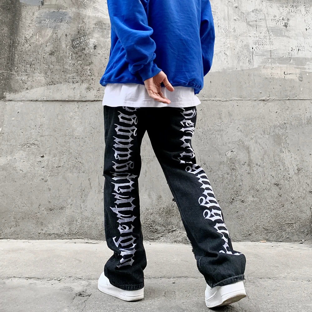 fashion back letters embroidery denim flare jeans mens zipper straight trouser hip hop destroy holes streetwear pants joggers unique joggers style 4606