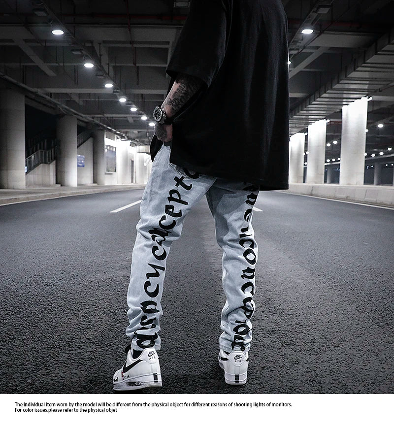 men back letter embroidery denim jean pants fashion slim zipper biker jeans trouser new casual hip hop streetwear pants joggers unique joggers style 285