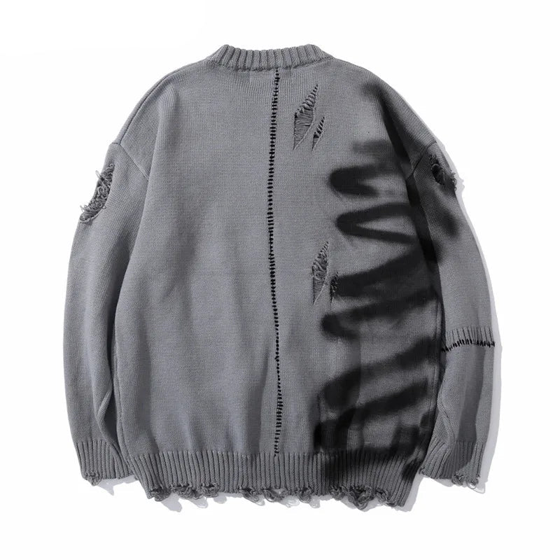 Mens Hip Hop Destroy Ripped Holes Streetwear Graffiti Harajuku Sweater Vintage Retro Knitted Sweater New Casual Cotton Pullover Street King Limited