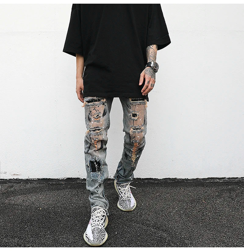 bottom zipper destroyed jeans skinny jeans ripped slim men biker jeans fashion graffiti printed streetwear hip hop pants joggers unique joggers style 5127