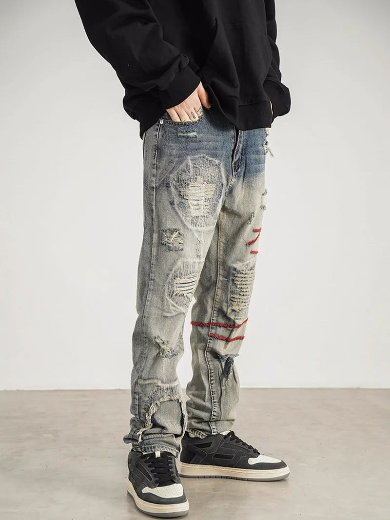 destroyed ripped straight jeans pants mens distressed biker jeans fashion irregular embroidery streetwear hip hop pants joggers sporty tapered joggers