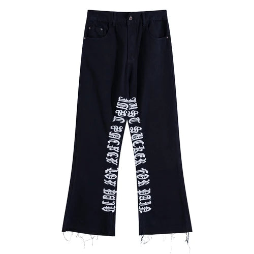 fashion letters embroidery denim flare jeans mens high street elastic waist straight trouser hip hop streetwear pants joggers unique joggers style 3768